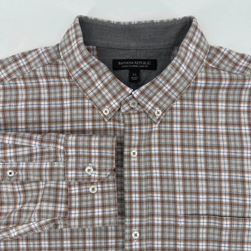 Banana Republic Luxe Flannel Slim Fit Plaid Button Down‎ Shirt XL Mens